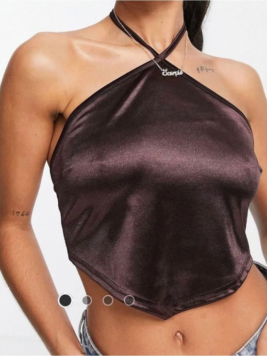 ASOS Tops - Satin Halter Crop Top in Shiny Brown